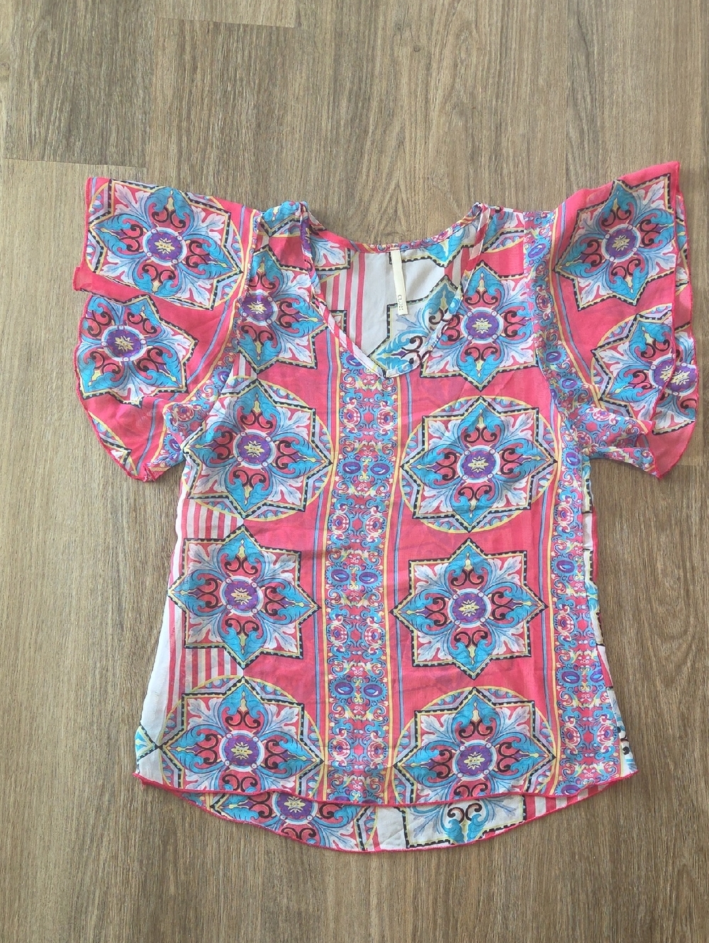 Women's Pink Patterned Sheer Flutter Sleeve Top Size S/M